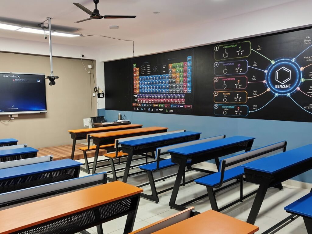 A classroom at the Chakravyuh Science Academy Budigere Cross branch, with a periodic table and organic chemistry wall display beside the teaching screen