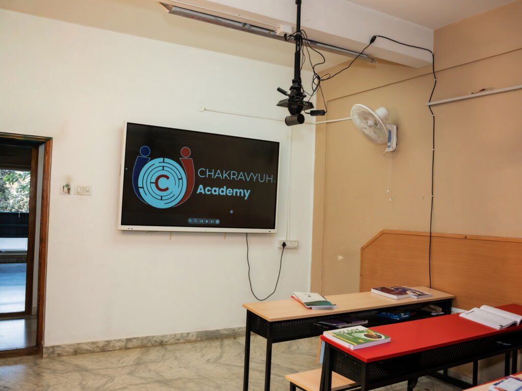 A teaching room at the Chakravyuh Science Academy Whitefield–Kadugodi branch, with the academy display screen